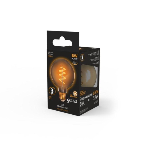 Лампа светодиодная филаментная Black Filament 6Вт G95 шар золотая 2400К тепл. бел. E27 360лм GAUSS 1