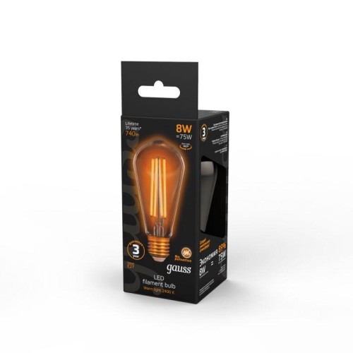 Лампа светодиодная филаментная Black Filament 8Вт ST64 золотая 2400К тепл. бел. E27 740лм GAUSS 1578