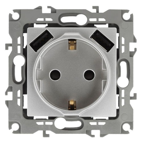 Розетка 16А 250В 2P+E с 2хUSB 5В-3А защ. шторки Эра12 алюм. 12-4109-03 ЭРА Б0047842