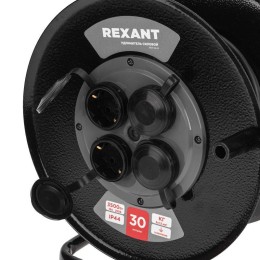 Удлинитель на метал. катушке 4х30м с заземл. IP44 КГ 3х1.5кв.мм c защ. крышкой Rexant 13-5011