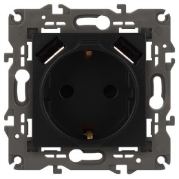 Розетка 16А 250В 2P+E с 2хUSB 5В-3А защ. шторки Elegance антрацит 14-4109-05 ЭРА Б0047871