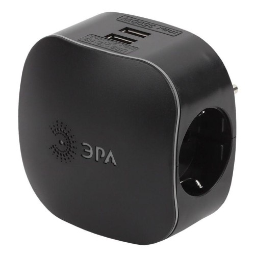 Разветвитель 3-м с заземл. 16А IP20 SP-3e-USB-BLACK 220В + 2хUSB 2100мА защ. шторки черн. Эра Б00463