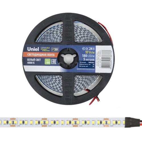 Лента светодиодная ULS-2835-180LED/m-10mm-IP20-DC24V-17W/m-5M-4000K 17Вт/м 180LED/м 4000К нейтр. бел