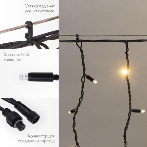 Гирлянда светодиодная "Айсикл" (бахрома) 3.2х0.6м 88LED тепл. бел. 11Вт IP67 провод каучук черн. (ну