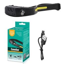 Фонарь аккумуляторный налобный 3.7В лента 2 LED 3Вт 4 режима сенсор Type-C бокс LED53416 черн. Camel