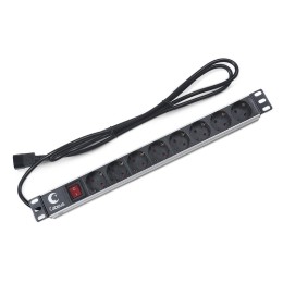 Блок евророзеток C14 PDU-8P-2IEC для 19дюйм шкафов горизонт. 8 розеток 10А выкл. Алюмин. корпус шнур