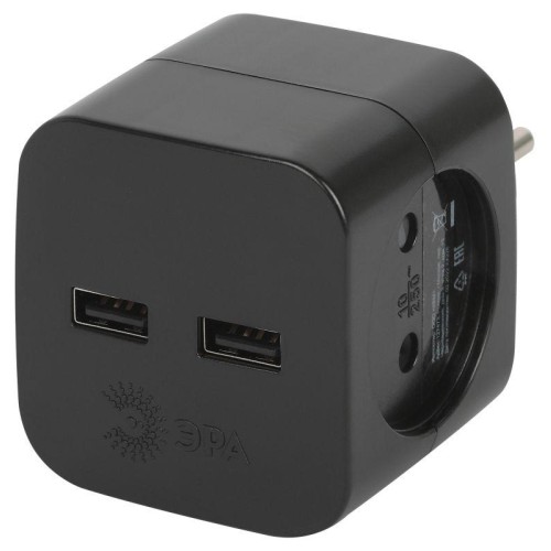 Разветвитель электрический SP-2-USB-B на 2 розетки 220В+ 2xUSB 2400мА без заземл 10А черн. Эра Б0049