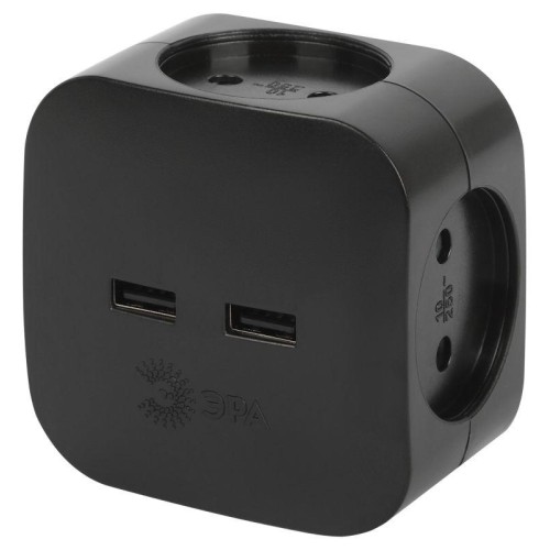Разветвитель электрический SP-4-USB-B на 4 розетки 220В+ 2xUSB 2400мА без заземл 10А черн. Эра Б0049
