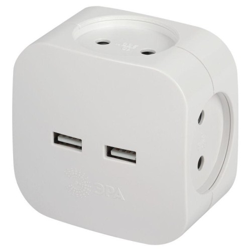 Разветвитель электрический SP-4-USB-W на 4 розетки 220В+ 2xUSB 2400мА без заземл 10А бел. Эра Б00495