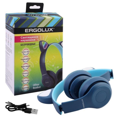 Наушники накладные беспроводные ELX-BTHP02-C06 FM MP3 микрофон ушки син. ERGOLUX 15458