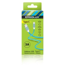 Кабель USB-Type C ELX-CDC02-C06 3А 1.2м LED зарядка+передача данных коробка син. Ergolux 15305