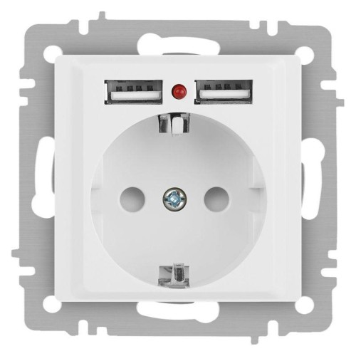 Розетка 1-м СП Accent 6-410-01М 16А IP20 250В P+E Schuko защ. шторки + 2хUSB бел. матов. Intro Б0063