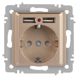 Розетка 1-м СП Accent 6-410-04 16А IP20 250В P+E Schuko + 2хUSB защ. шторки шампань Intro Б0063696