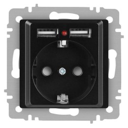 Розетка 1-м СП Accent 6-410-05 16А IP20 250В P+E Schuko + 2хUSB защ. шторки антрацит Intro Б0063698