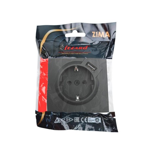 Розетка 1-мест. с/з+USB разъем СП ZIMA IP20 черн. бархат LEZARD 704-4288-181