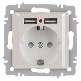 Розетка 1-м СП Accent 6-410-06 16А IP20 250В P+E Schuko + 2хUSB защ. шторки перламутр. Intro Б006370