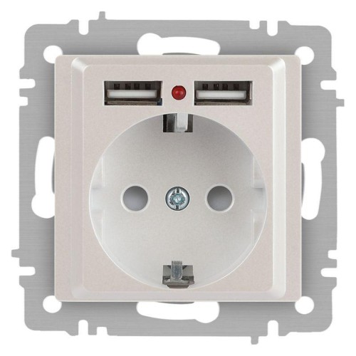 Розетка 1-м СП Accent 6-410-06 16А IP20 250В P+E Schuko + 2хUSB защ. шторки перламутр. Intro Б006370