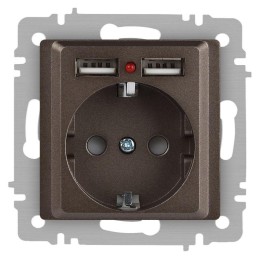 Розетка 1-м СП Accent 6-410-08 16А IP20 250В P+E Schuko + 2хUSB защ. шторки бронза Intro Б0063704