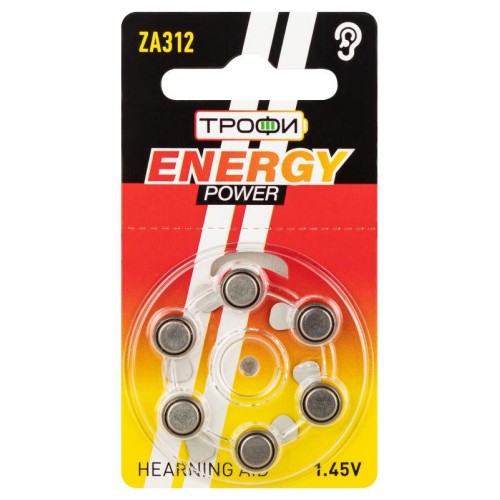 Элемент питания воздушно-цинковые для слухового аппарата ZA312-6BL ENERGY POWER Hearing Aid (блист.6