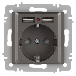 Розетка 1-м СП Accent 6-410-09 16А IP20 250В P+E Schuko + 2хUSB защ. шторки титан Intro Б0063711