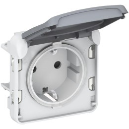 Розетка 1-м СП Plexo 16А IP55 2P+E с заземл. с крышкой немецк. стандарт винтов. клеммы механизм сер.