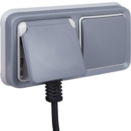 Розетка 1-м СП Plexo 16А IP55 2P+E с заземл. с крышкой немецк. стандарт винтов. клеммы механизм сер.