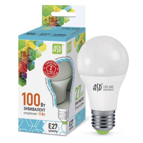 Лампа светодиодная LED-A60-standard 11Вт грушевидная 4000К нейтр. бел. E27 990лм 160-260В ASD 469061