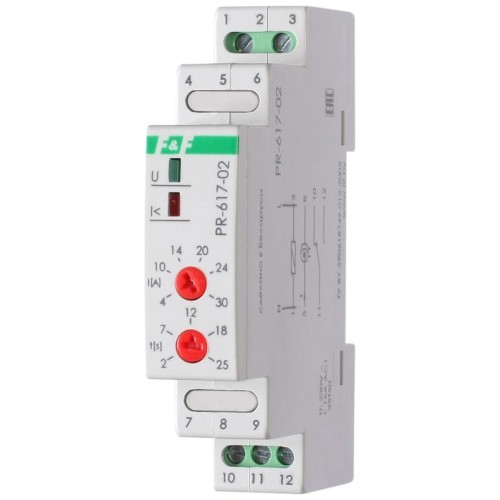 Реле тока PR-617-02 (диапазон 4-30А; с задержкой отключения; сквозной канал; монтаж на DIN-рейке 35м