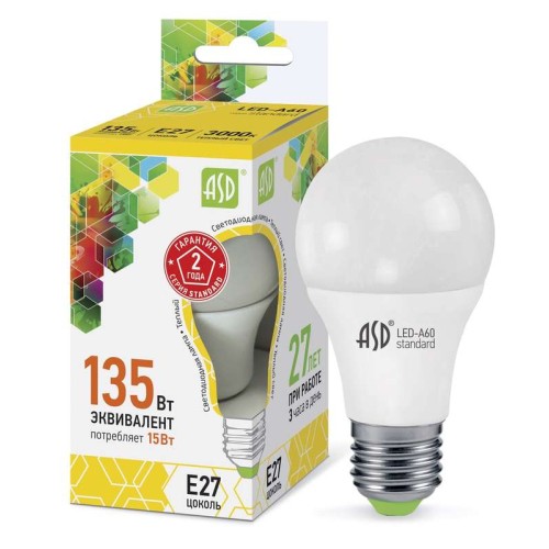 Лампа светодиодная LED-A60-standard 15Вт грушевидная 3000К тепл. бел. E27 1350лм 160-260В ASD 469061