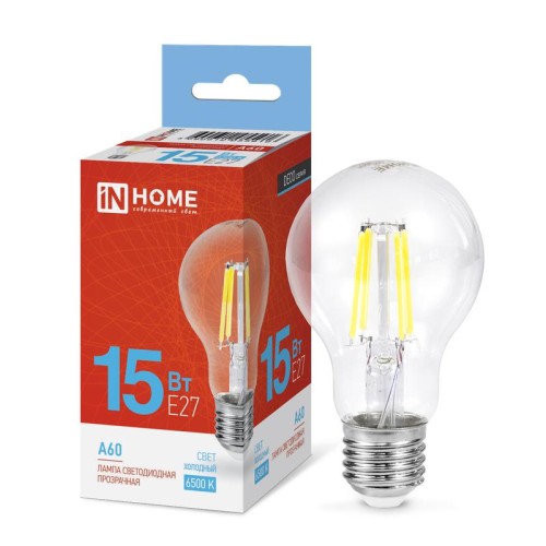 Лампа светодиодная филаментная LED-A60-deco грушевидная прозрачная 15Вт 230В E27 6500К 1480лм IN HOM