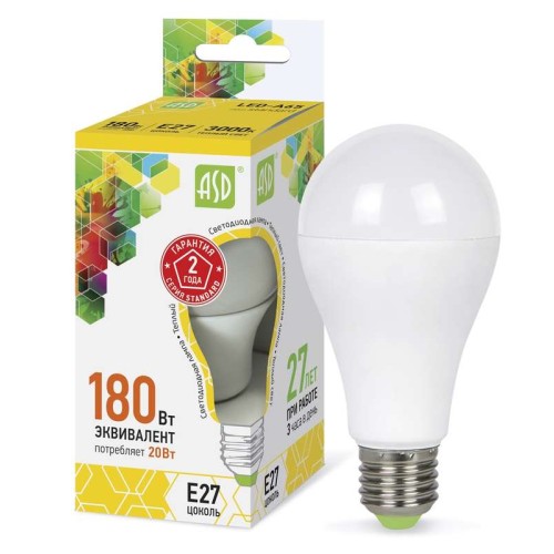 Лампа светодиодная LED-A60-standard 20Вт грушевидная 3000К тепл. бел. E27 1800лм 170-265В ASD 469061