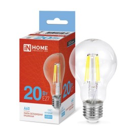 Лампа светодиодная филаментная LED-A60-deco грушевидная прозрачная 20Вт 230В E27 6500К 1890лм IN HOM