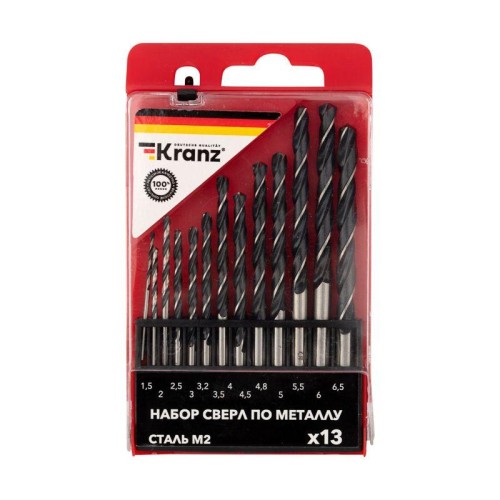 Набор сверл по металлу (HSS) диаметр 1.5-6.5мм (13шт) Kranz KR-91-0631
