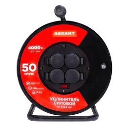 Удлинитель на метал. катушке 4х50м с заземл. IP44 КГ 3х2.5кв.мм с выключателем с защ. крышками Rexan