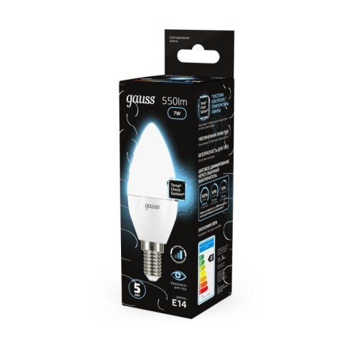 Лампа светодиодная Black 7Вт свеча 4100К нейтр. бел. E14 550лм шаг. диммир. GAUSS 103101207-S