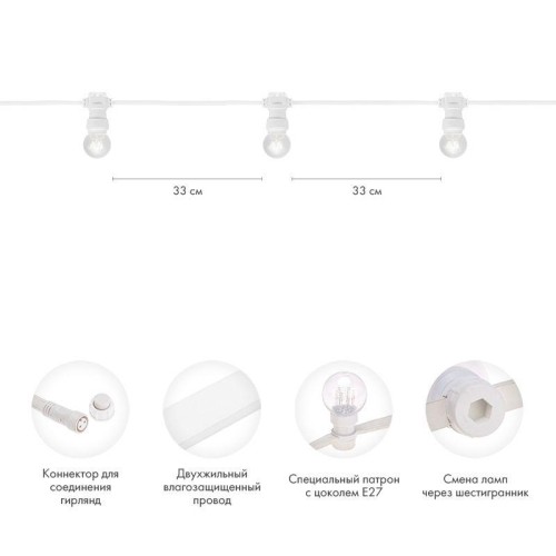 Гирлянда светодиодная "LED Galaxy Bulb String" 10м 6х30LED желт. 25Вт 220-240В IP65 провод каучук бе