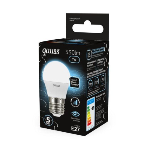Лампа светодиодная Black 7Вт P45 шар 4100К нейтр. бел. E27 550лм шаг. диммир. GAUSS 105102207-S