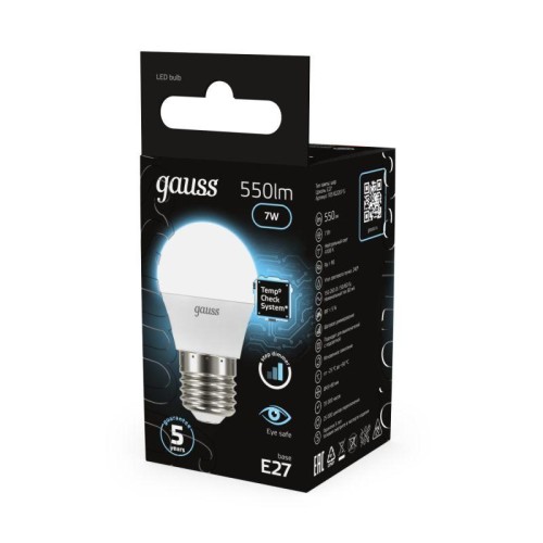 Лампа светодиодная Black 7Вт P45 шар 4100К нейтр. бел. E27 550лм шаг. диммир. GAUSS 105102207-S