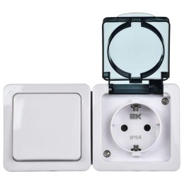 Блок ОП выключатель 1-кл. и розетка с заземл. контактом и крышкой для открытой установки бел. клавиш