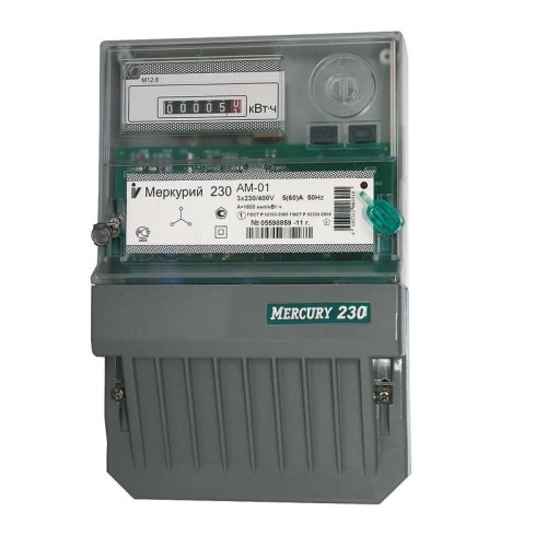 Счетчик Меркурий 230 AM-01 3ф 5-60А класс точн. 1.0 1 тариф. импульс. вых. на панель мех. ОУ Инкотек