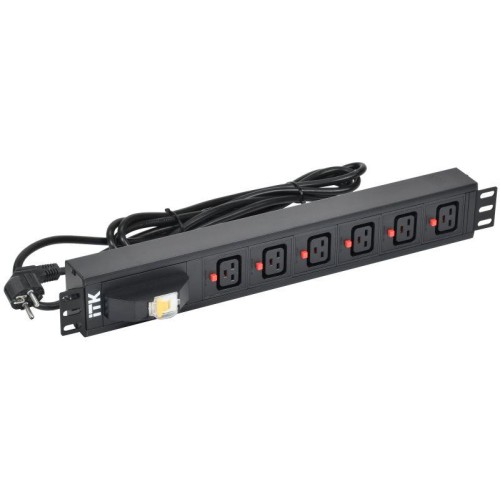 Блок розеток 6 мест PDU C19 с фиксатором вилки с автоматом на 16А 1.5U кабель 3м вилка нем. станд. а