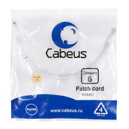 Патч-корд кат.6 U/UTP неэкранир. 2хRJ45/8p8c PVC PC-UTP-RJ45-Cat.6-0.3m-WH 0.3м бел. Cabeus 8668c