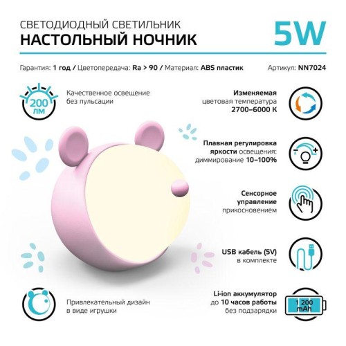 Светильник настольный Qplus 5Вт 2700-6000К 200лм 5В аккум. Li-ion 1200мА.ч диммир. ночник роз. GAUSS