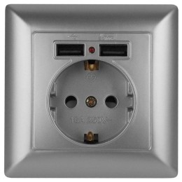 Розетка 1-м СП Solo 4-410-03 P+E Schuko 16А 250В + 2хUSB IP20 с заземл. защ. шторки алюм. Intro Б005