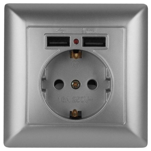 Розетка 1-м СП Solo 4-410-03 P+E Schuko 16А 250В + 2хUSB IP20 с заземл. защ. шторки алюм. Intro Б005