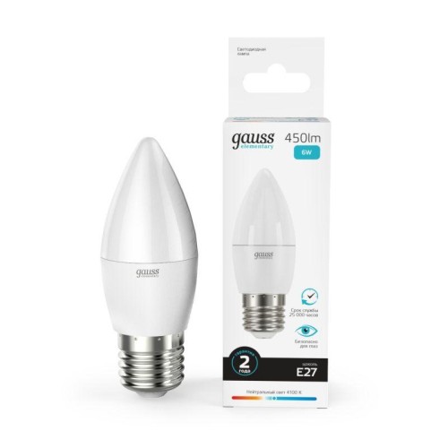 Лампа светодиодная Elementary 6Вт свеча 4100К нейтр. бел. E27 450лм GAUSS 33226