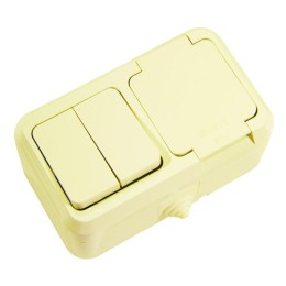 Блок выключатель 2-кл. + розетка с крышкой IP44 крем. Makel 18251