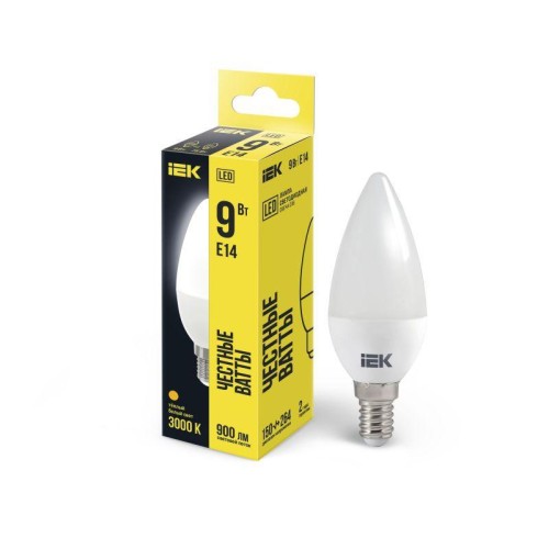 Лампа светодиодная ECO C35 9Вт свеча 3000К E14 230В IEK LLE-C35-9-230-30-E14