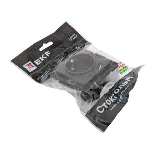 Розетка 1-м СП Стокгольм 16А USB 2A с заземл. защ. шторки винтов. клеммы механизм черн. EKF EZR16-2U