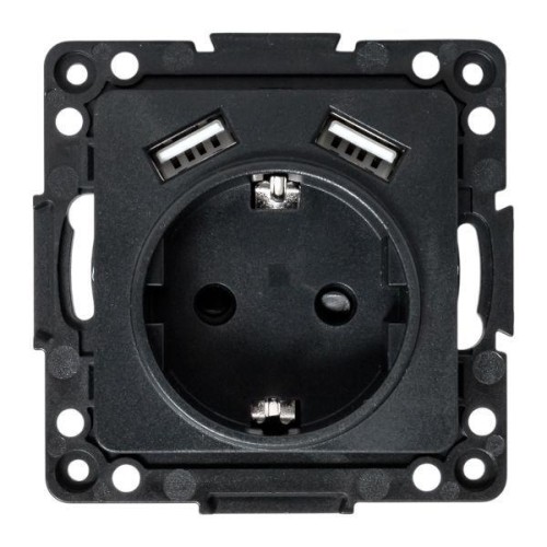 Розетка 1-м СП Стокгольм 16А USB 2A с заземл. защ. шторки винтов. клеммы механизм черн. EKF EZR16-2U